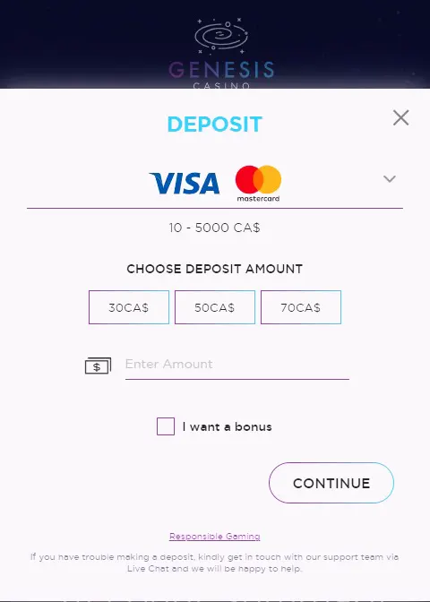 Genesis casino accepts Visa and Mastercard