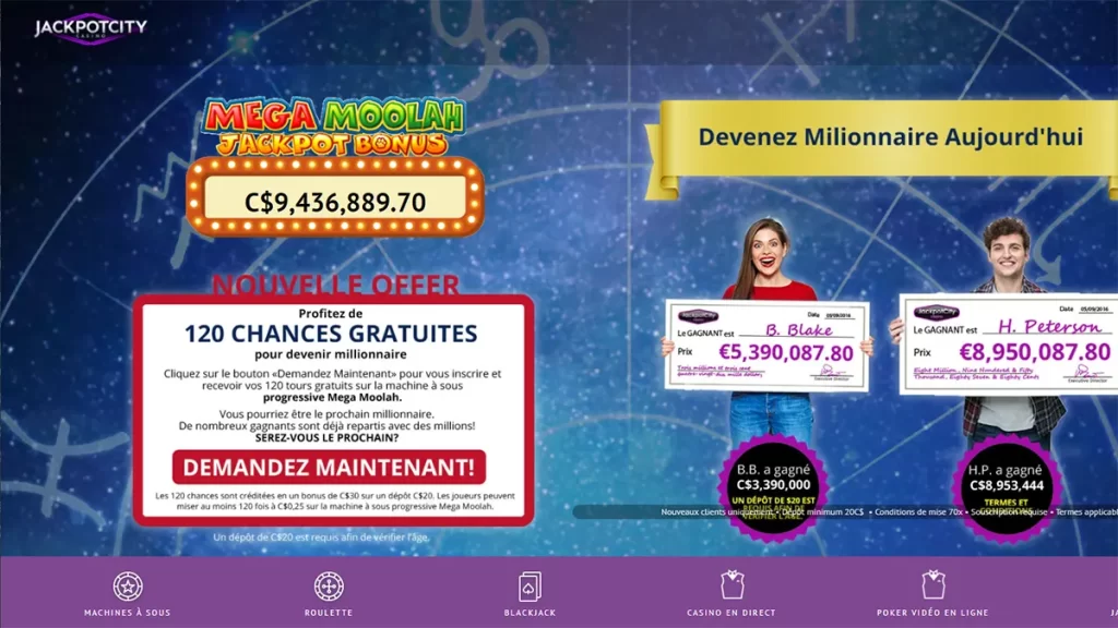 Mega Moolah 120 free spins exclusive offer on Jackpot City
